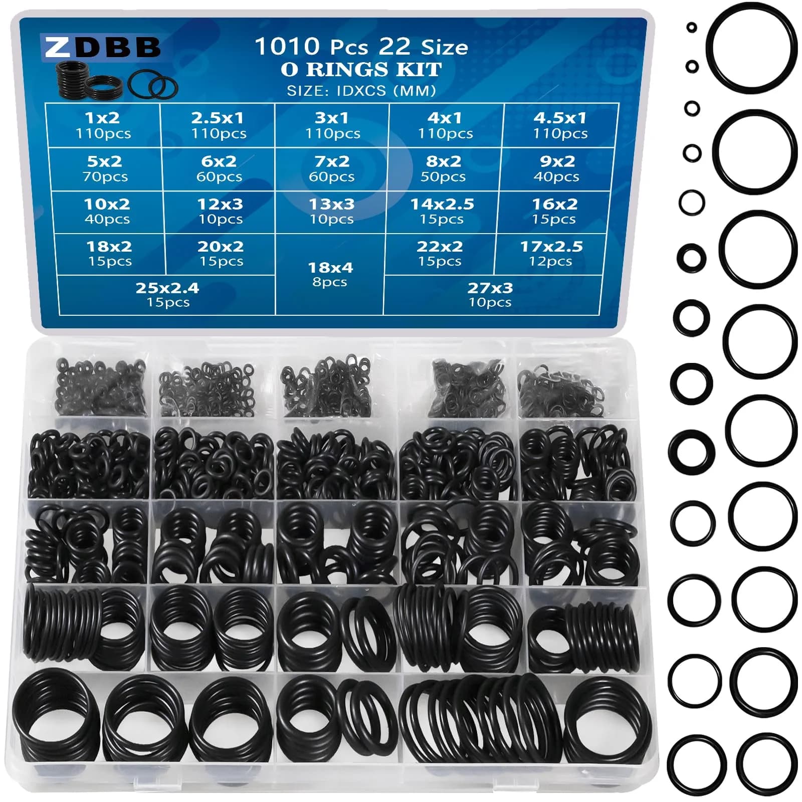 ZDBB 1010 Pcs Rubber O Ring Kit 22 Metric Sizes | Oil & Heat Resistant Nitrile Rubber Assortment - main product image
