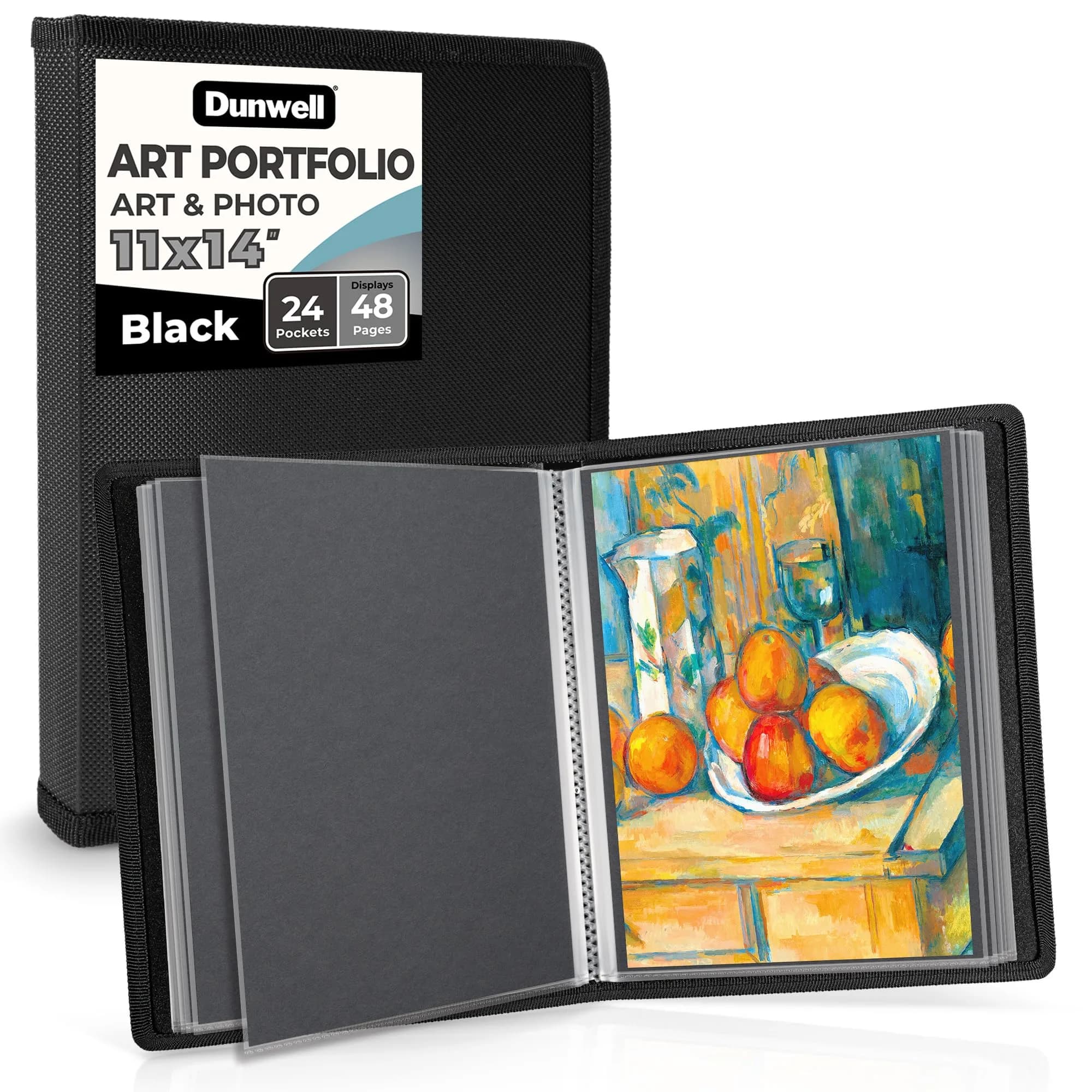 Dunwell 11x17 Art Portfolio Binder, 24-Sleeve, Black Mounting Paper, Black | Large Art Organizer for Artists & Students — Black / 11x14" w/ BLK Paper