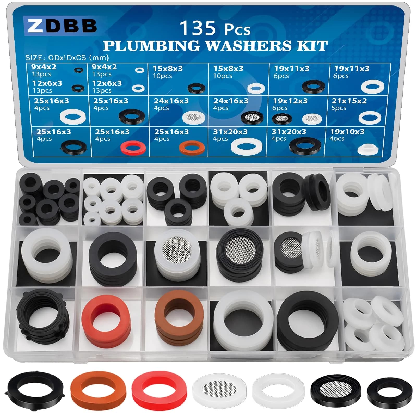 ZDBB 1075 Pcs Rubber Washer & O-Ring Kit | Assorted Sizes for Faucets & Hoses — Plumbing Washers 135 Pcs