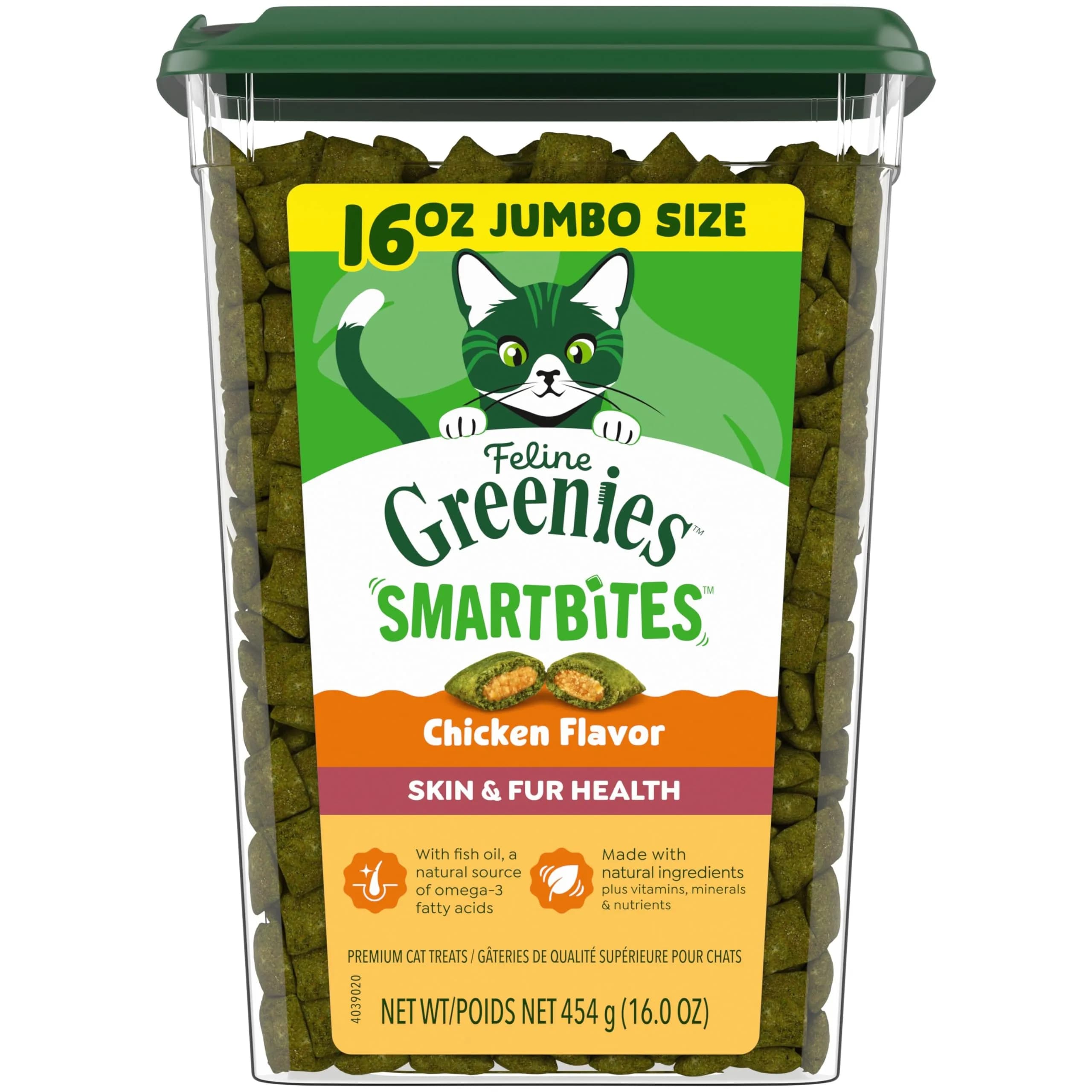 Greenies Cat Treats, Feline Smartbites, Skin & Fur Health, 16 oz. Tub | Crunchy & Soft Chicken Flavor for Healthy Skin & Fur - main product image