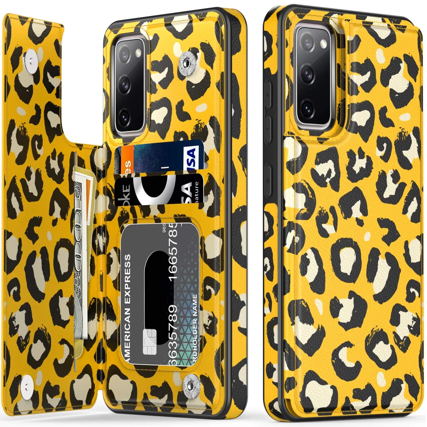 LETO Luxury Flip Folio Leather Wallet Case for Samsung Galaxy S22 Ultra 6.8" (17.3cm) | Protective Phone Case with Card Slots & Kickstand — Nice Yellow Leopard
