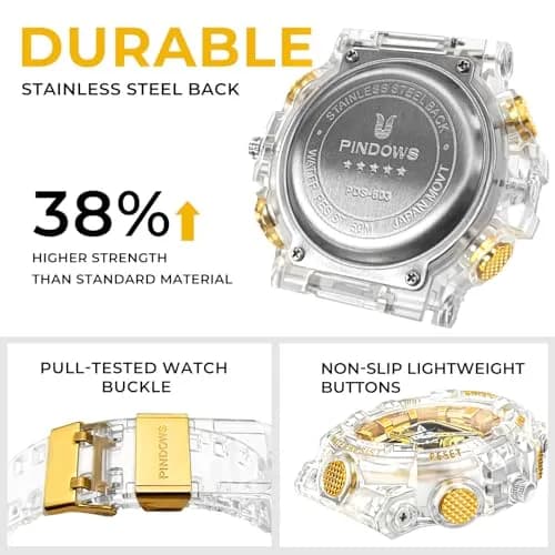 PINDOWS Men's Tactical Digital & Analog Waterproof Watch 50mm | LED Backlight, 2-Year Battery thumbnail 7