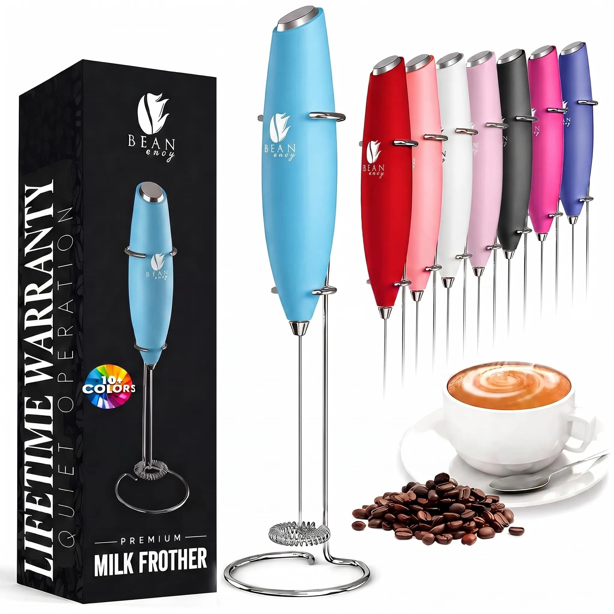 Bean Envy Handheld Milk Frother Wand with Stand - Black | 19000 RPM Electric Mixer for Coffee, Matcha, Protein Shakes — Light Blue / Classic