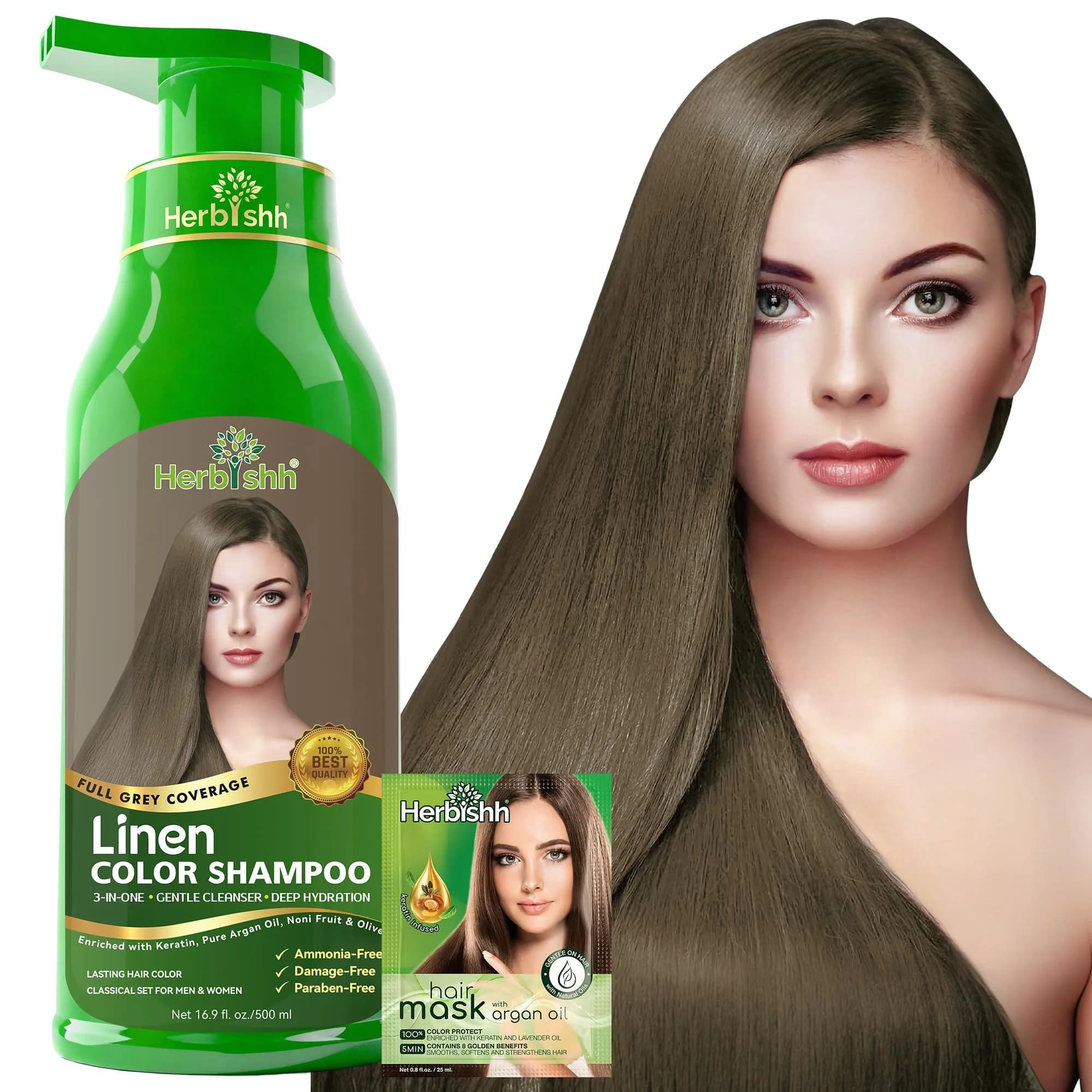 Herbishh Linen Hair Dye Shampoo 500ml | Ammonia-Free Gray Coverage & Conditioning Set — Linen