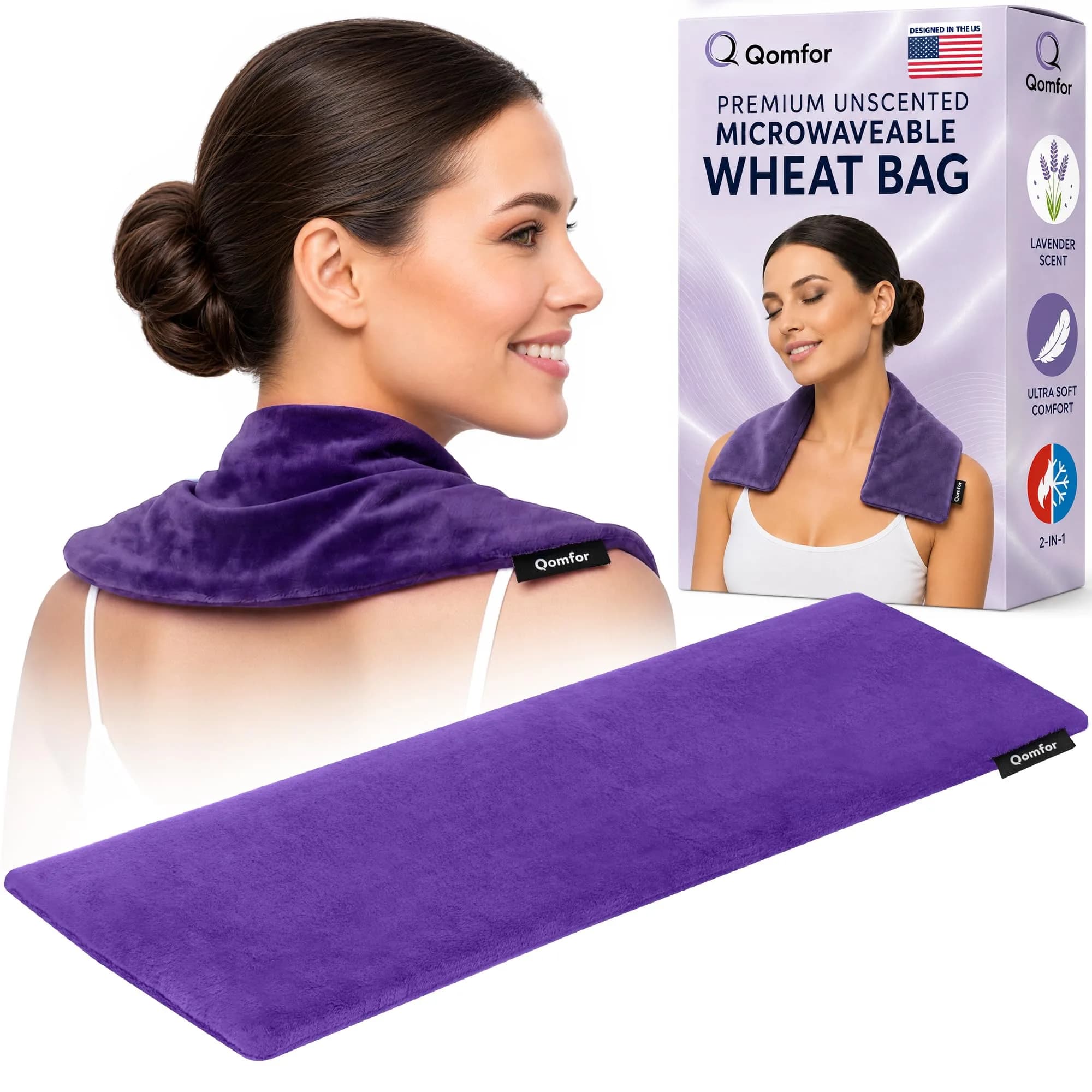 Qomfor Microwavable Heating Pad - Purple - Lavender Scented Heat Wrap for Neck, Shoulders & Period Cramps Pain Relief - Reusable Hot/Cold Therapy Bag — Purple