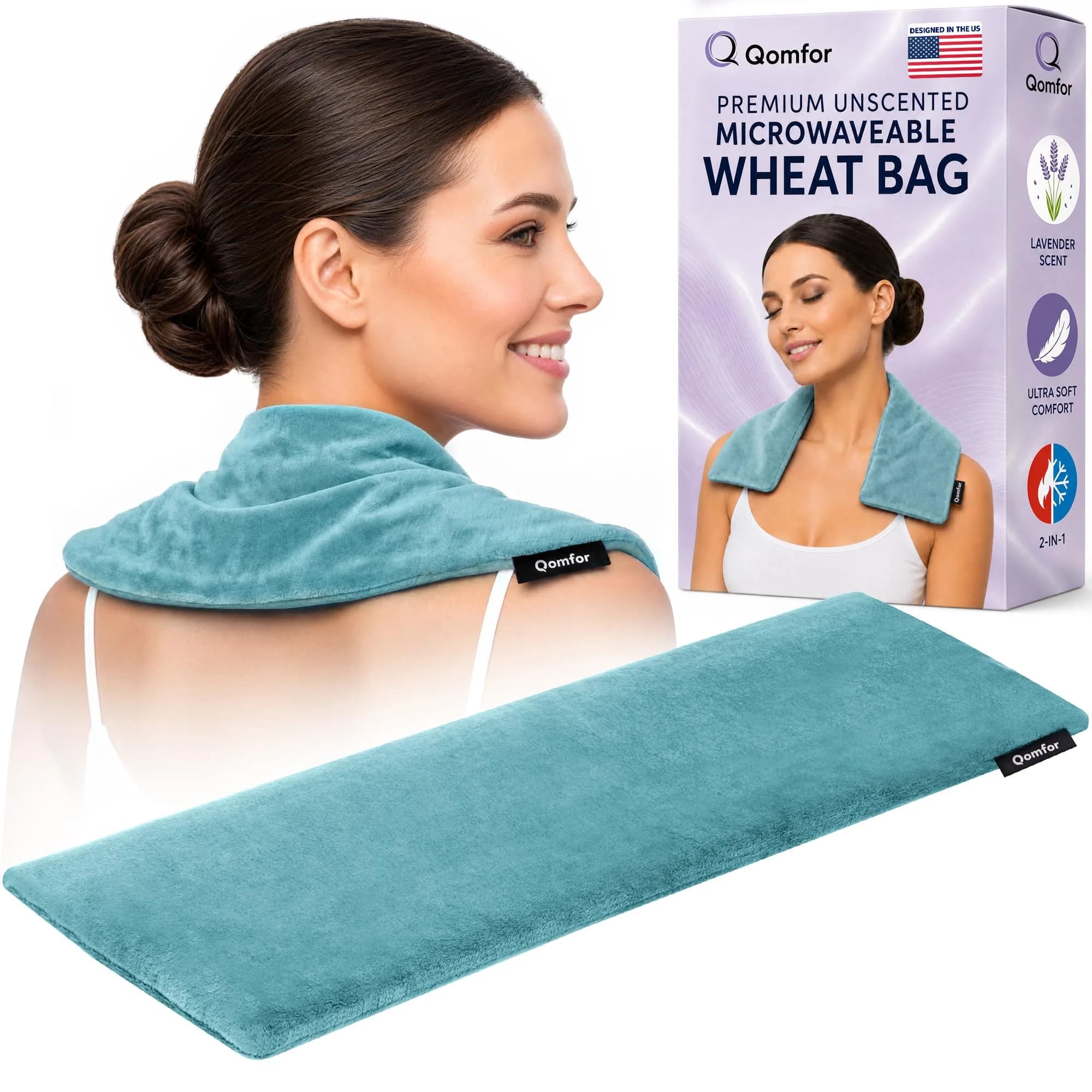 Qomfor Microwavable Heating Pad - Purple - Lavender Scented Heat Wrap for Neck, Shoulders & Period Cramps Pain Relief - Reusable Hot/Cold Therapy Bag — Green/Blue