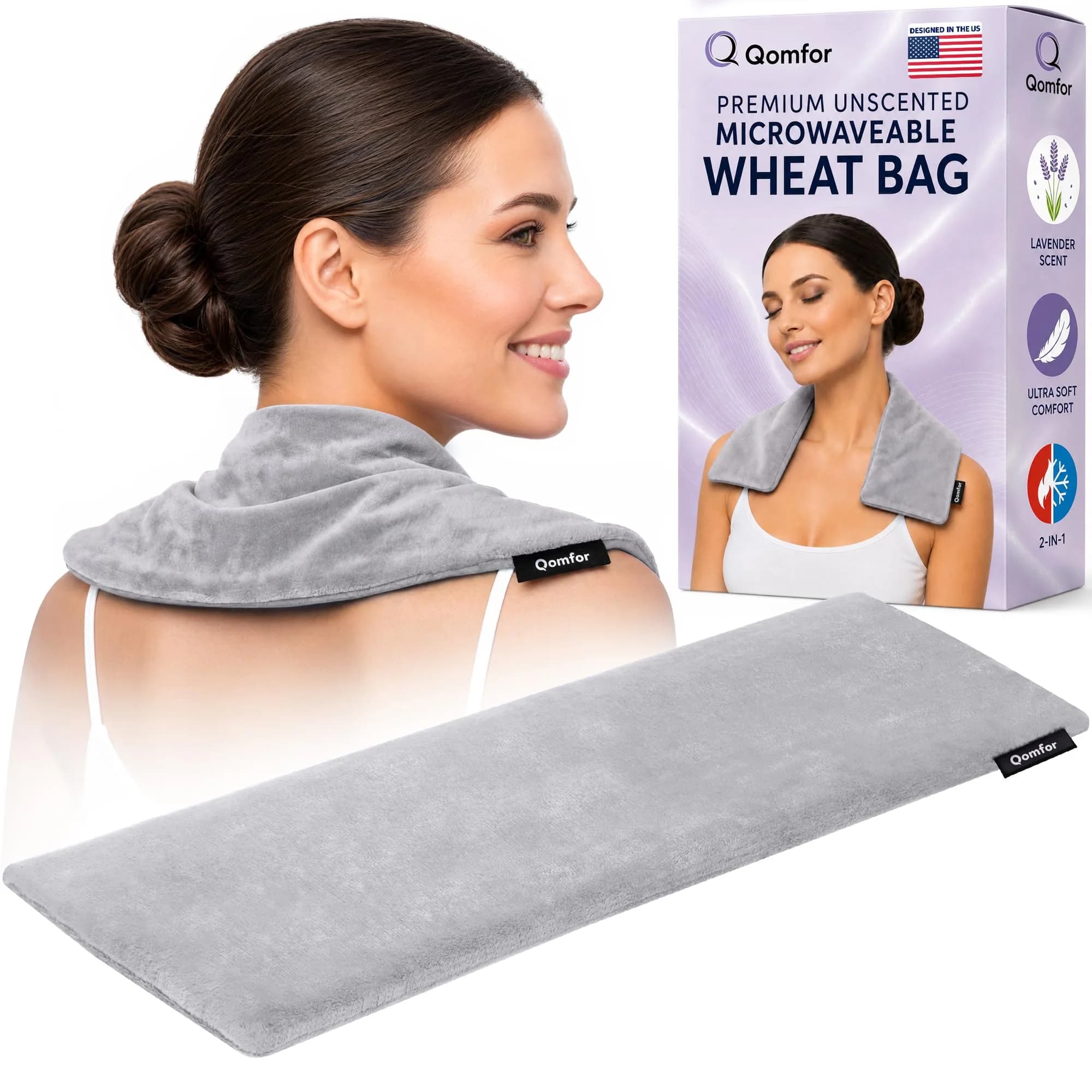 Qomfor Microwavable Heating Pad - Purple - Lavender Scented Heat Wrap for Neck, Shoulders & Period Cramps Pain Relief - Reusable Hot/Cold Therapy Bag — Dark Grey