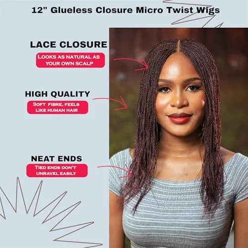 Wow Braids Micro Twist Wigs, 12 Inch Synthetic Braided Wig for Black Women | Natural Look & Easy Style thumbnail 2