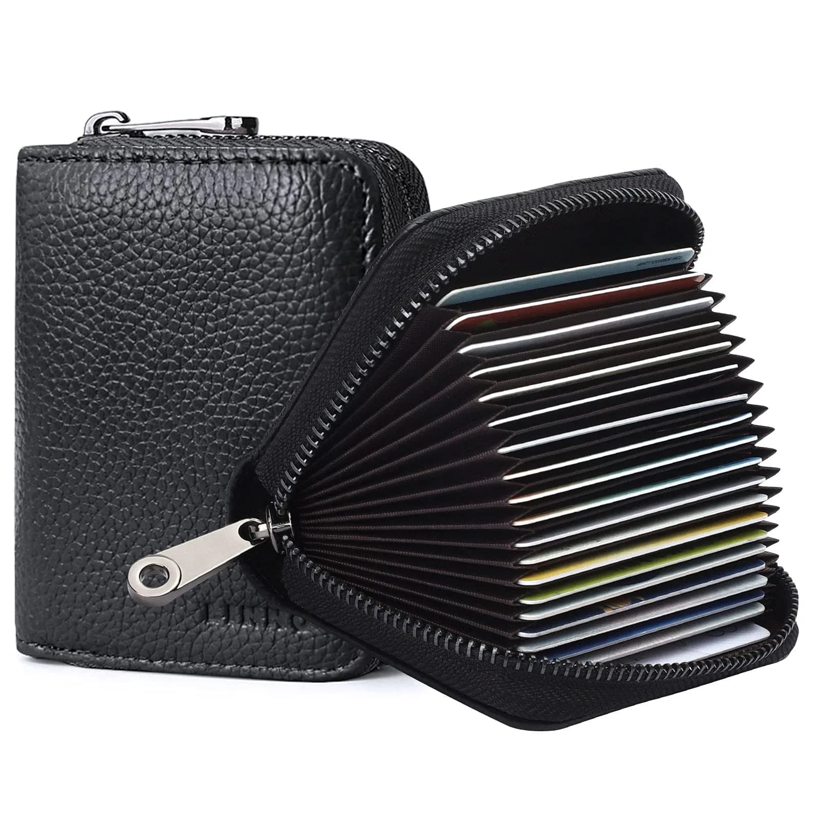 Linno RFID 20 Slots Credit Card Holder Genuine Leather Small Wallet with Zipper for Women or Men — Black