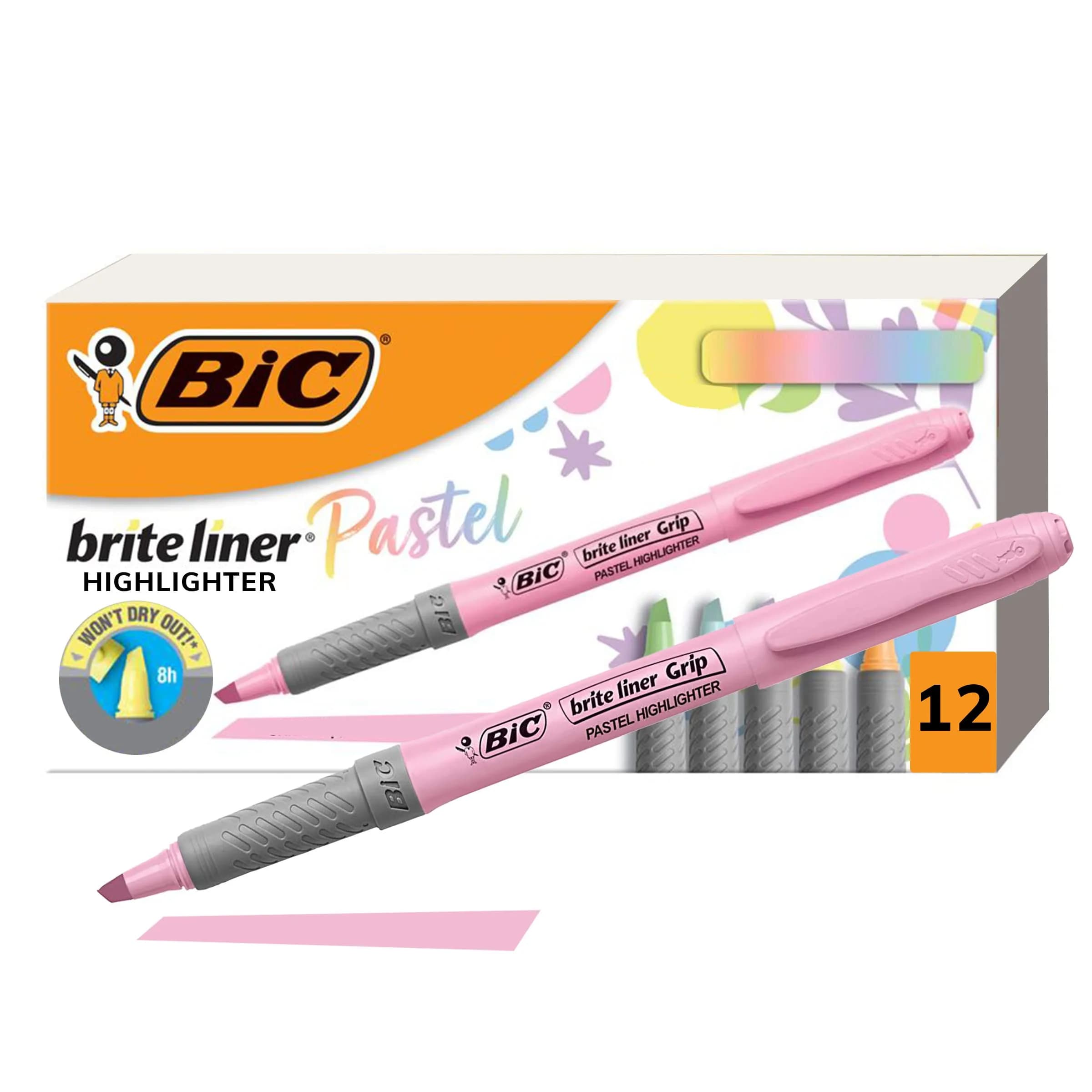 BIC Brite Liner Grip Pastel Highlighter Set, Chisel Tip, 12 Count (Pack of 18) | Smooth Ink Flow for Bullet Journaling