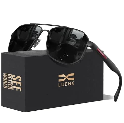 Luenx Aviator Polarized Sunglasses for Men: Square UV400 Driving | Large Frame, Black Lens, Polarized thumbnail 1