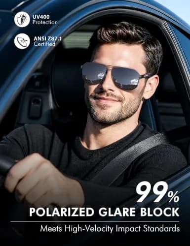 Luenx Aviator Polarized Sunglasses for Men: Square UV400 Driving | Large Frame, Black Lens, Polarized thumbnail 2