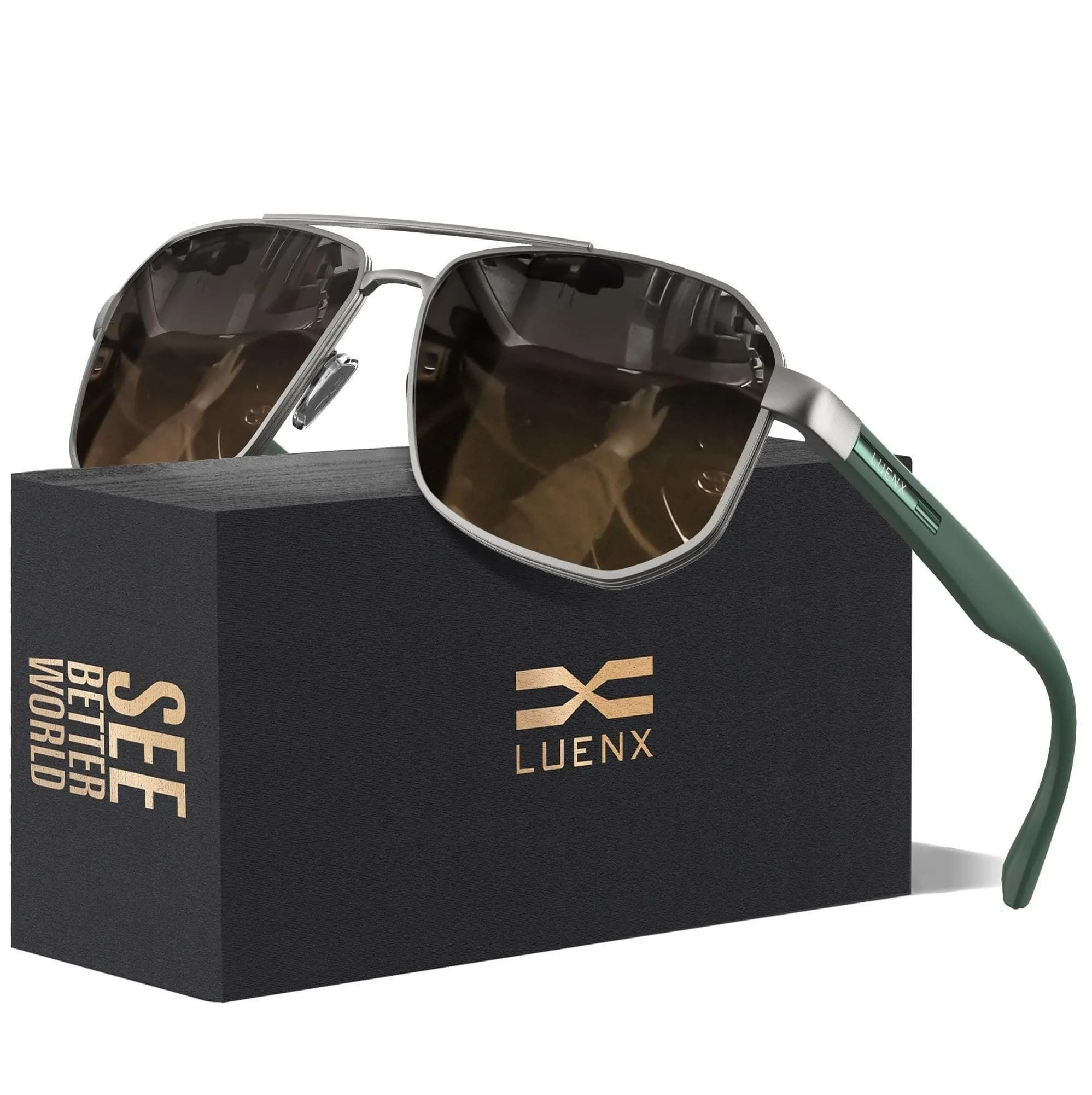 Luenx Square Aviator Sunglasses for Men - 61mm Lens Width, Gradient Black Brown | Polarized UV400 Protection