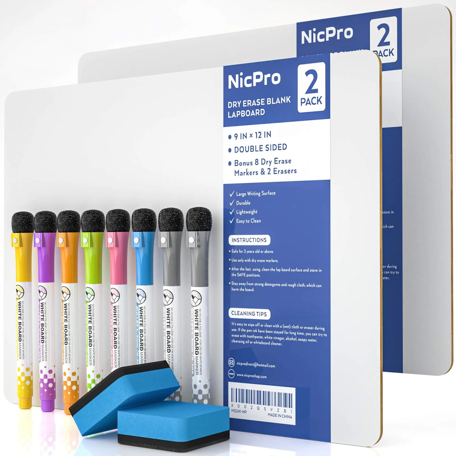 Nicpro 2 Pack Small Dry Erase Lapboards 9''x 12'' (22.86cm x 30.48cm) | Double-Sided Writing Surface — White / 9 × 12 inches