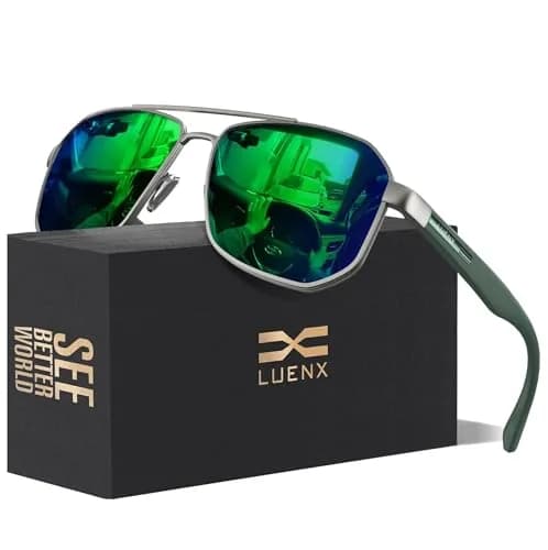 Luenx Aviator Polarized Sunglasses for Men: Square UV400 Driving | Large Frame, Mirror Green Lens thumbnail 1