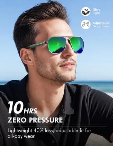 Luenx Aviator Polarized Sunglasses for Men: Square UV400 Driving | Large Frame, Mirror Green Lens thumbnail 4
