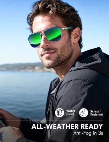 Luenx Aviator Polarized Sunglasses for Men: Square UV400 Driving | Large Frame, Mirror Green Lens thumbnail 6