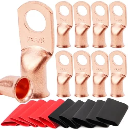 TKDMR 10 PCS 2 AWG - 3/8 Battery Cable Lugs Copper Wire Ring Terminals | Heavy Duty Copper Connectors with Heat Shrink thumbnail 1