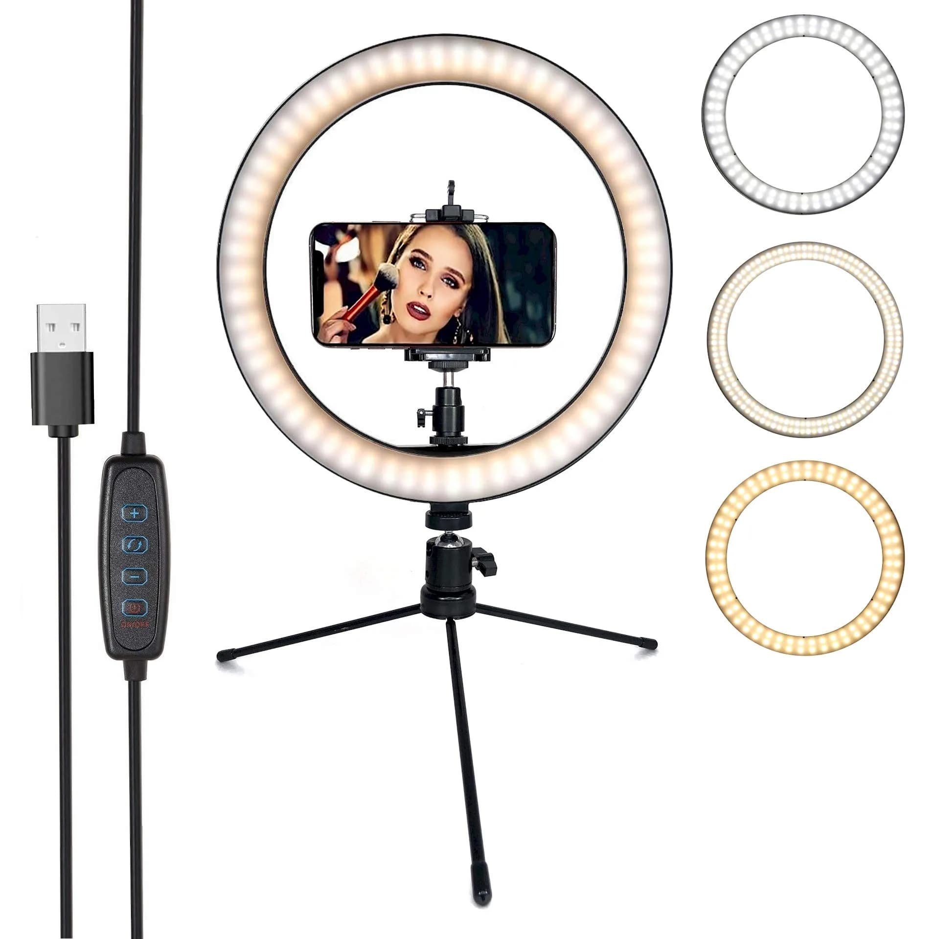 DaVoice 10" LED Ring Light for Makeup & Streaming | 3 Light Modes, Stand, Phone Holder, USB Powered - main product image