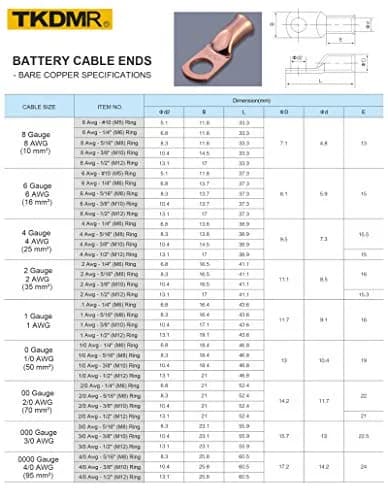 TKDMR 4 PCS 2/0 AWG - 5/16 Copper Battery Cable Lugs Ring Terminals | Corrosion-Resistant Copper, UL & CSA Certified (90c) thumbnail 2
