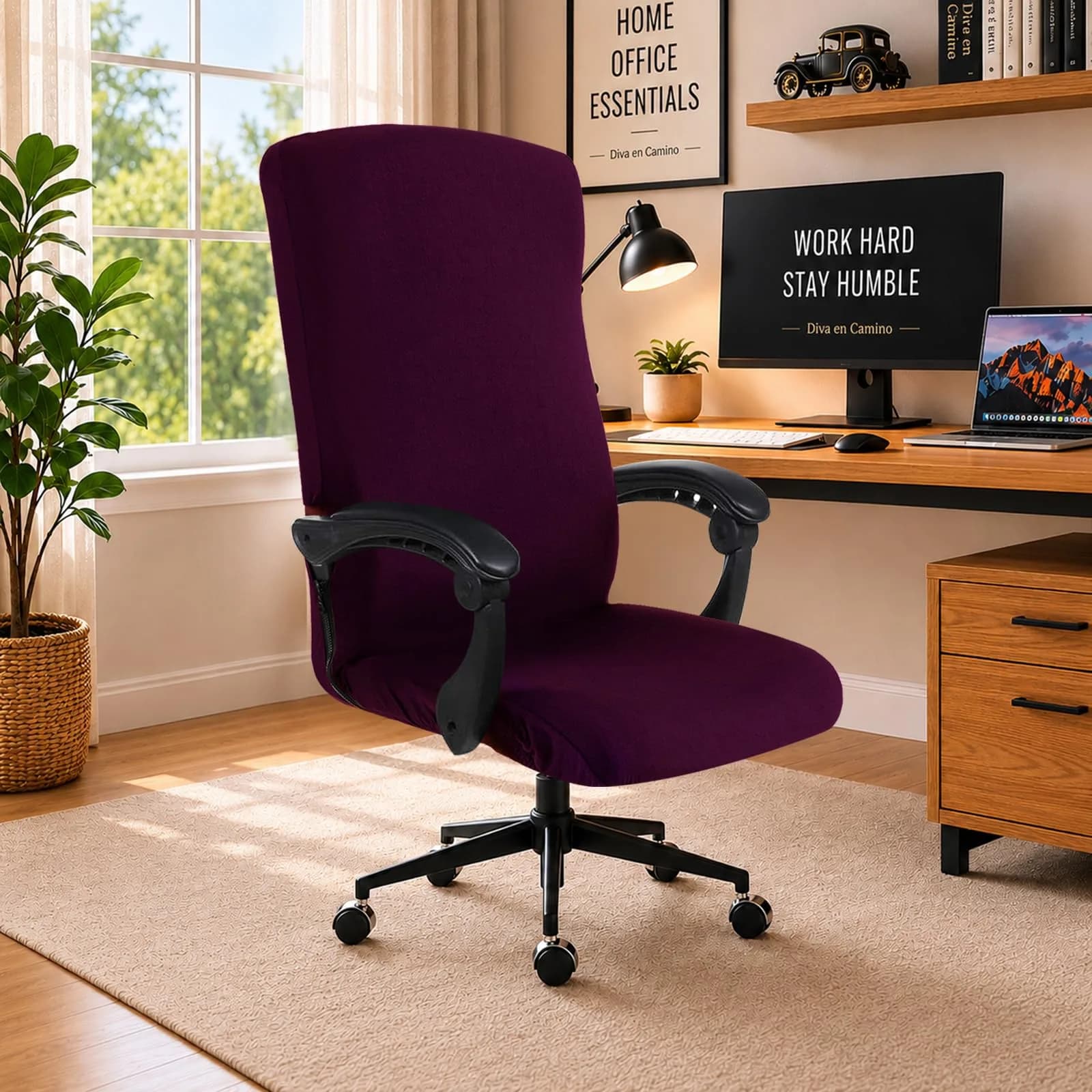DIVA EN CAMINO DEC Water Resistant Office Chair Cover 85% Polyester & 15% Spandex | Universal Washable Slipcover (Large) — Plum / Large Chair Cover