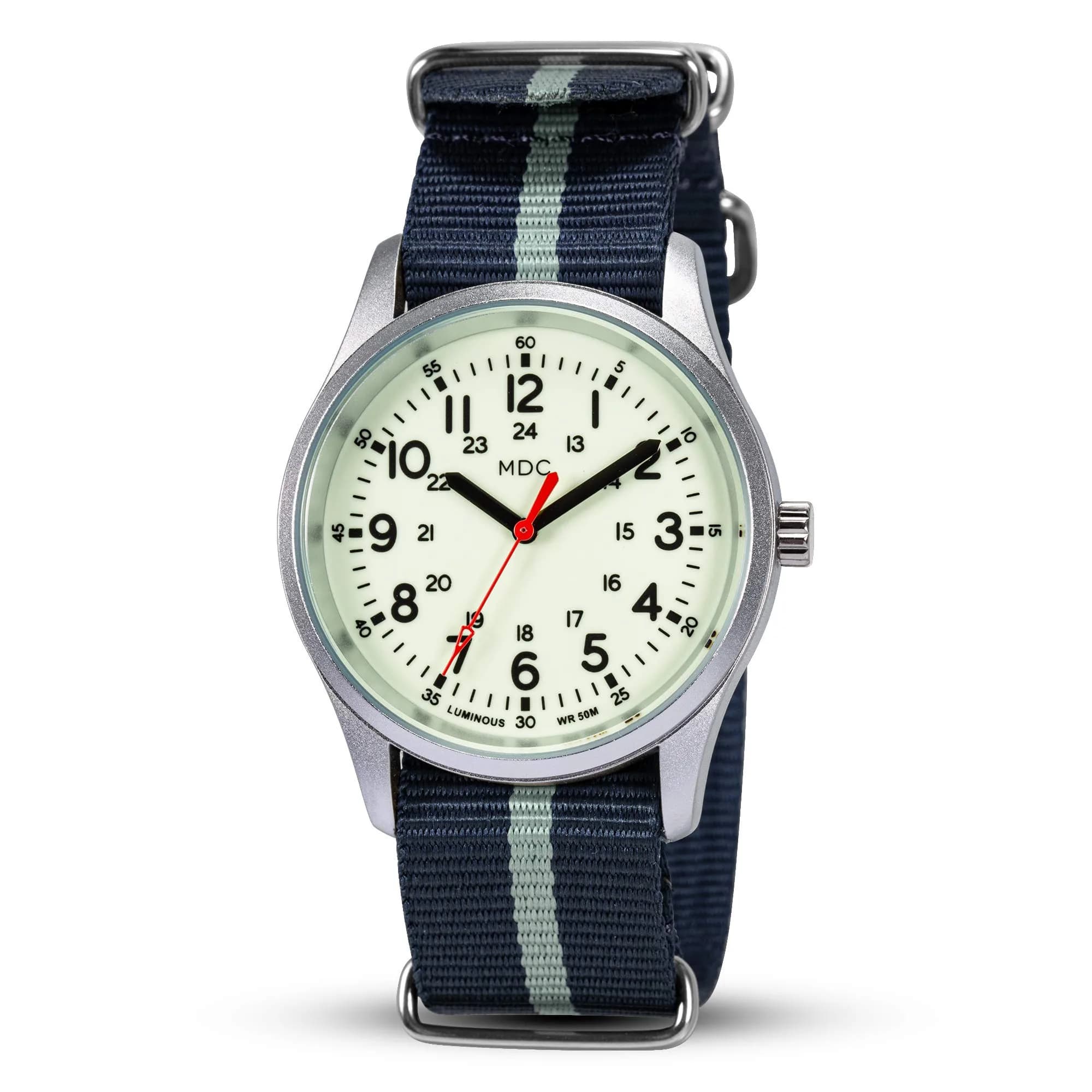 Infantry Military Field Watch 38mm (1.5 inch) | Luminous Dial, Green Nylon Strap, 50M Water Resistant — Silver/Blue