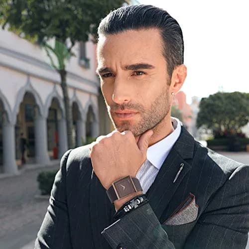 SIBOSUN Men's Square Dial Quartz Analog Watch | 41mm Stainless Steel Case, Brown Dial, Black Leather Strap thumbnail 2