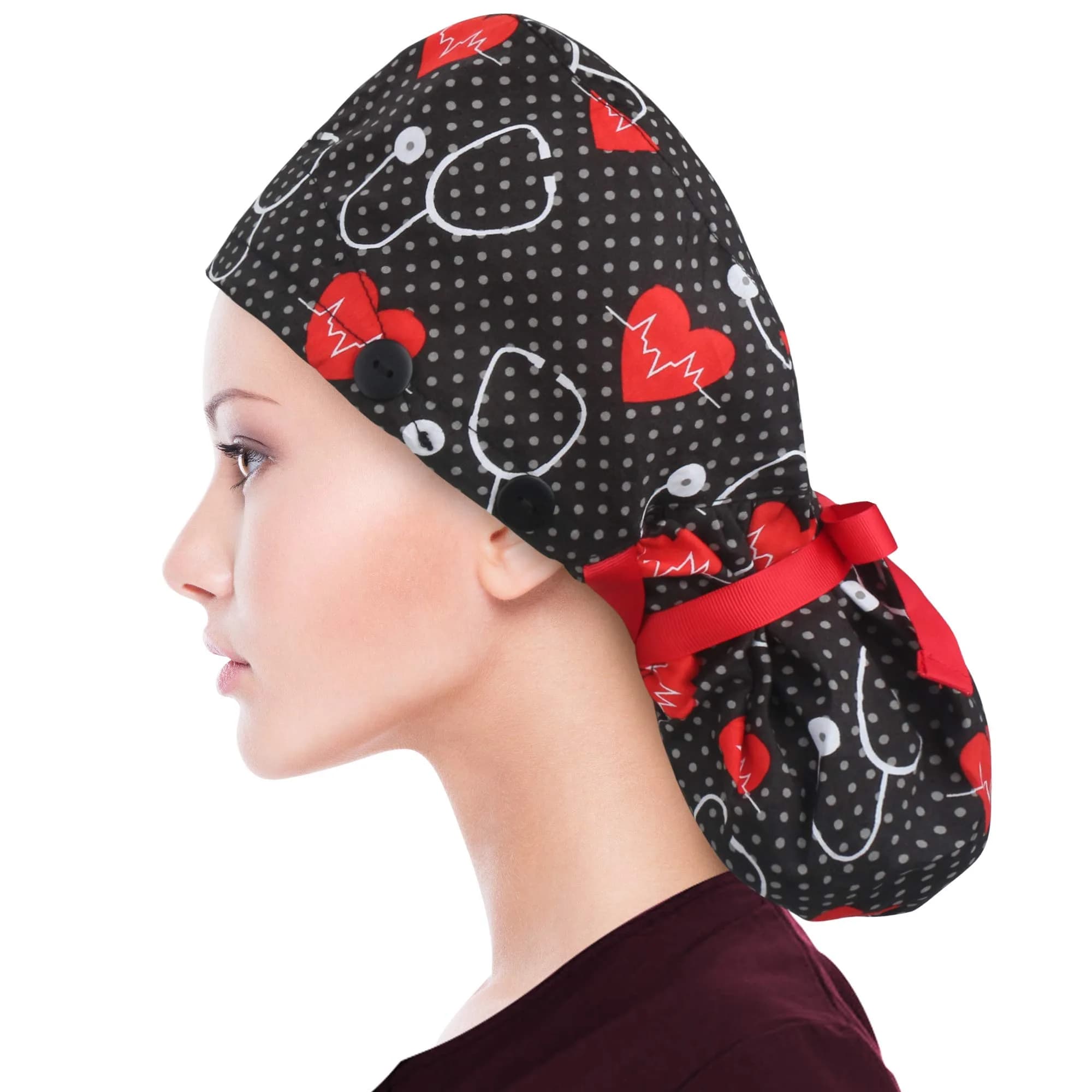 ABAMERICA Scrub Caps for Women Surgical Caps Nurse Hat with Ponytail Holder, Satin-Lined, Breathable Polyester, Adjustable Fit — D04- Single Stethoscope Red