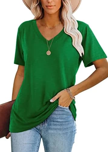 WIHOLL Green V Neck Loose Fit Summer Top for Women | Casual Blouse for Beach & Vacation thumbnail 1