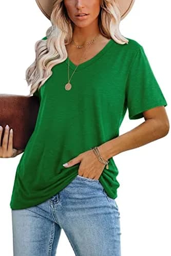 WIHOLL Green V Neck Loose Fit Summer Top for Women | Casual Blouse for Beach & Vacation thumbnail 2