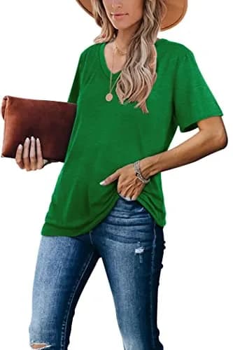 WIHOLL Green V Neck Loose Fit Summer Top for Women | Casual Blouse for Beach & Vacation thumbnail 3