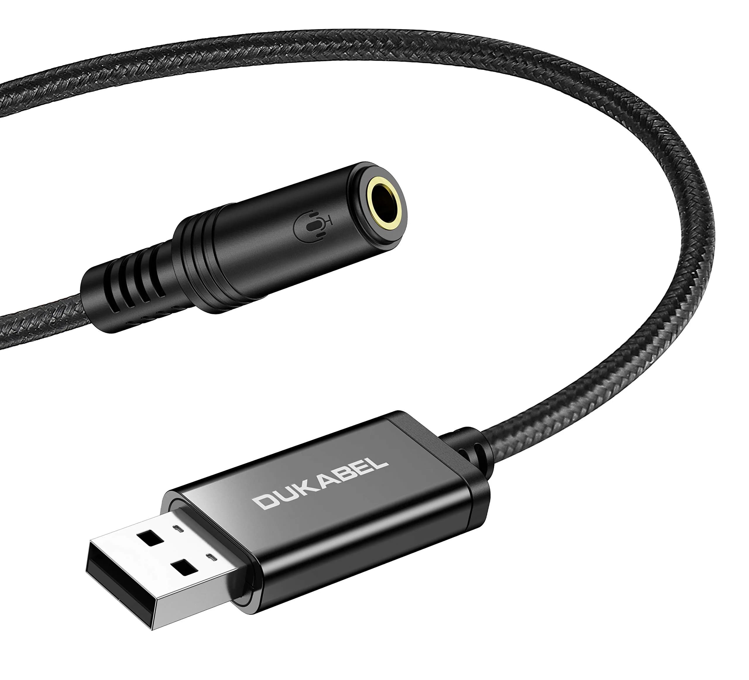 DUKABEL USB to 3.5mm Jack Audio Adapter Cable 1.2M | Stereo Sound with TRRS Mic Support for PC, PS4, PS5 — 19 inch / 50 cm