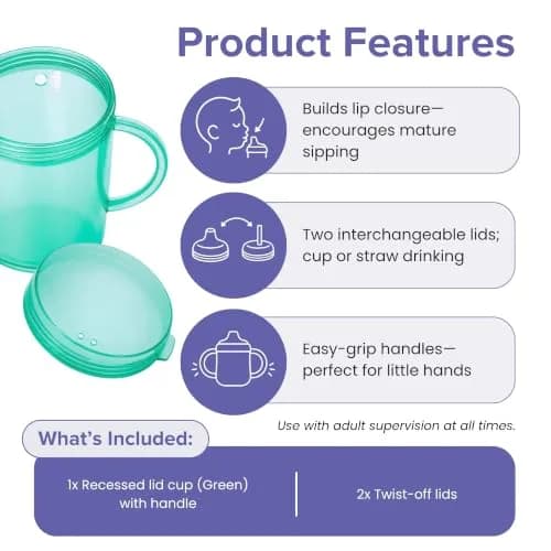 TalkTools Recessed Lid Cup with Handles Green 53ml (1.76 Fl Oz) | Promotes Oral Motor Skills & Lip Closure thumbnail 3