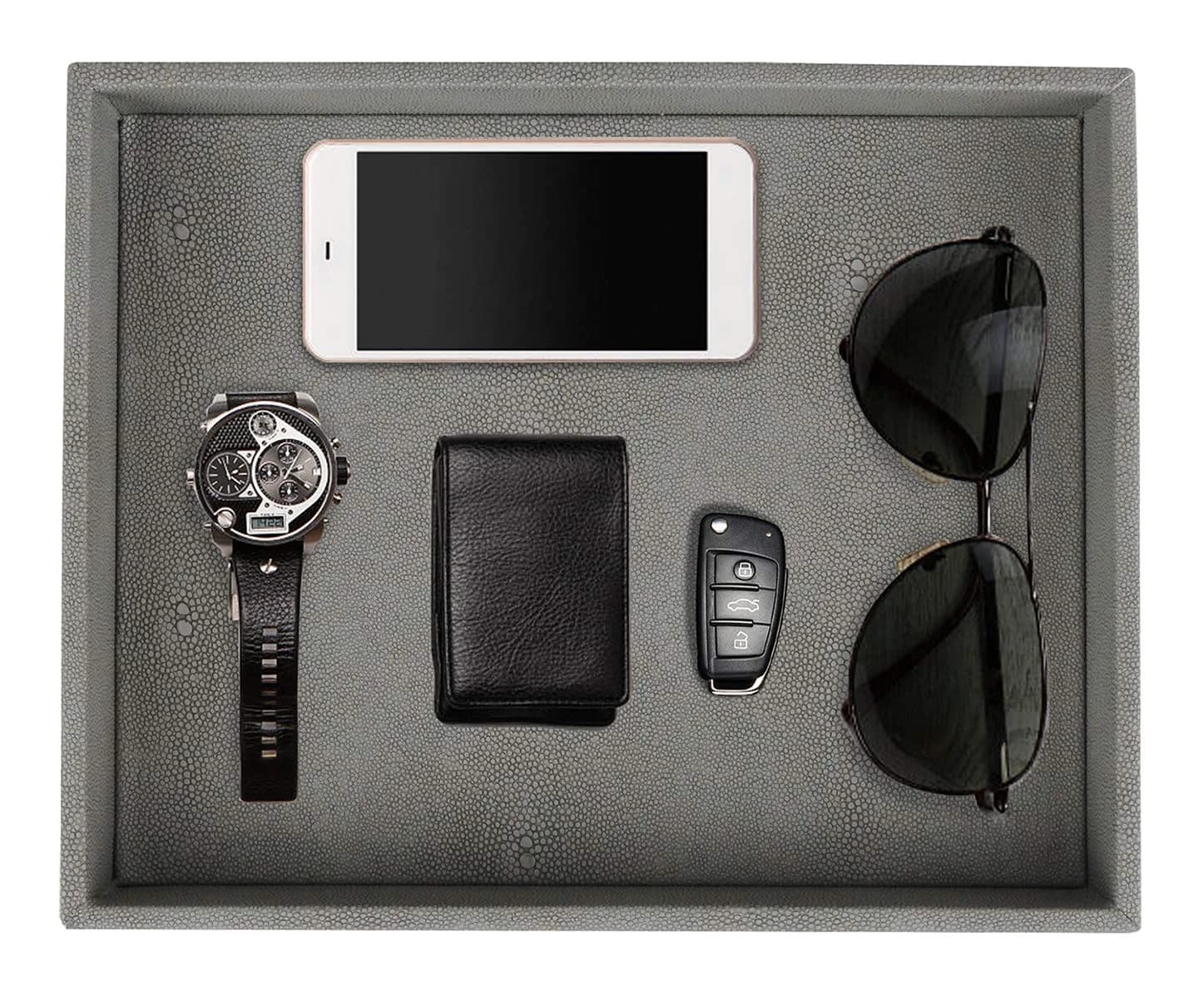 HofferRuffer Faux Leather Vanity Tray Black 25.9cm (10.2 Inches) | Elegant Desktop Storage Organizer — Dark Grey Shagreen