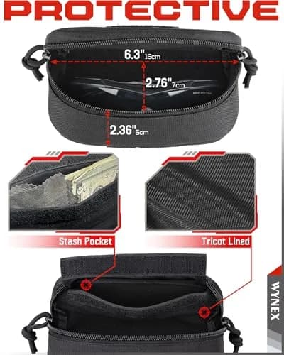 WYNEX Tactical Molle Glasses Pouch with Carabiner Clip & Patch Panel, Shockproof Eyeglass Case for Sunglasses & Goggles (Black, 16.5cm x 7cm x 6cm) thumbnail 3