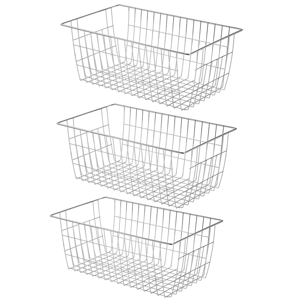 Slideep Farmhouse Metal Wire Basket 3 Pack | Kitchen & Pantry Organizer with Handles (15.7in x 9.5in x 6.3in) — Stainless Steel / 15.7"L x 9.5"W x 6.3"H