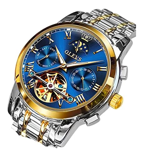 OLEVS Automatic Mechanical Skeleton Moon Phase Dress Watch 41mm (1.61 inches) | Luxury Men's Wristwatch with Blue Dial & Stainless Steel Band thumbnail 1
