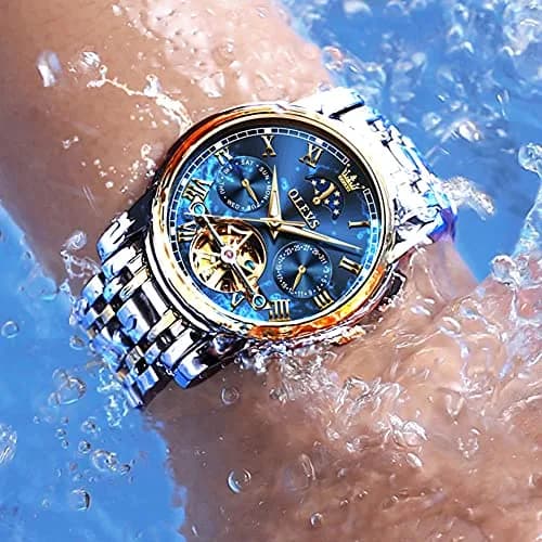 OLEVS Automatic Mechanical Skeleton Moon Phase Dress Watch 41mm (1.61 inches) | Luxury Men's Wristwatch with Blue Dial & Stainless Steel Band thumbnail 4