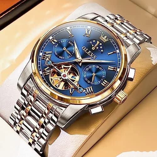 OLEVS Automatic Mechanical Skeleton Moon Phase Dress Watch 41mm (1.61 inches) | Luxury Men's Wristwatch with Blue Dial & Stainless Steel Band thumbnail 5