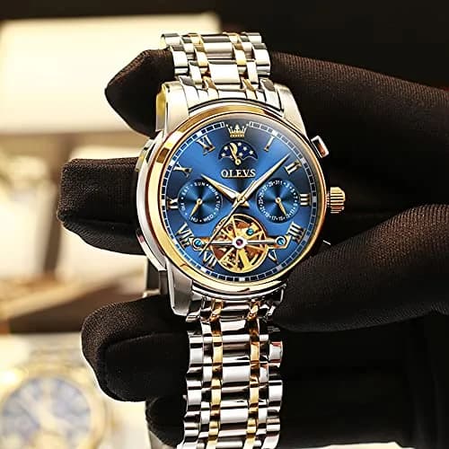 OLEVS Automatic Mechanical Skeleton Moon Phase Dress Watch 41mm (1.61 inches) | Luxury Men's Wristwatch with Blue Dial & Stainless Steel Band thumbnail 2