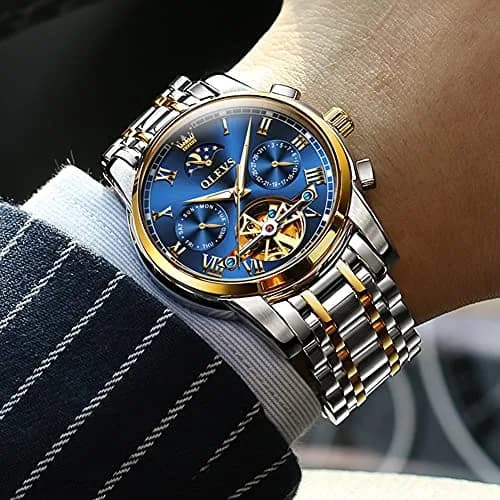 OLEVS Automatic Mechanical Skeleton Moon Phase Dress Watch 41mm (1.61 inches) | Luxury Men's Wristwatch with Blue Dial & Stainless Steel Band thumbnail 3