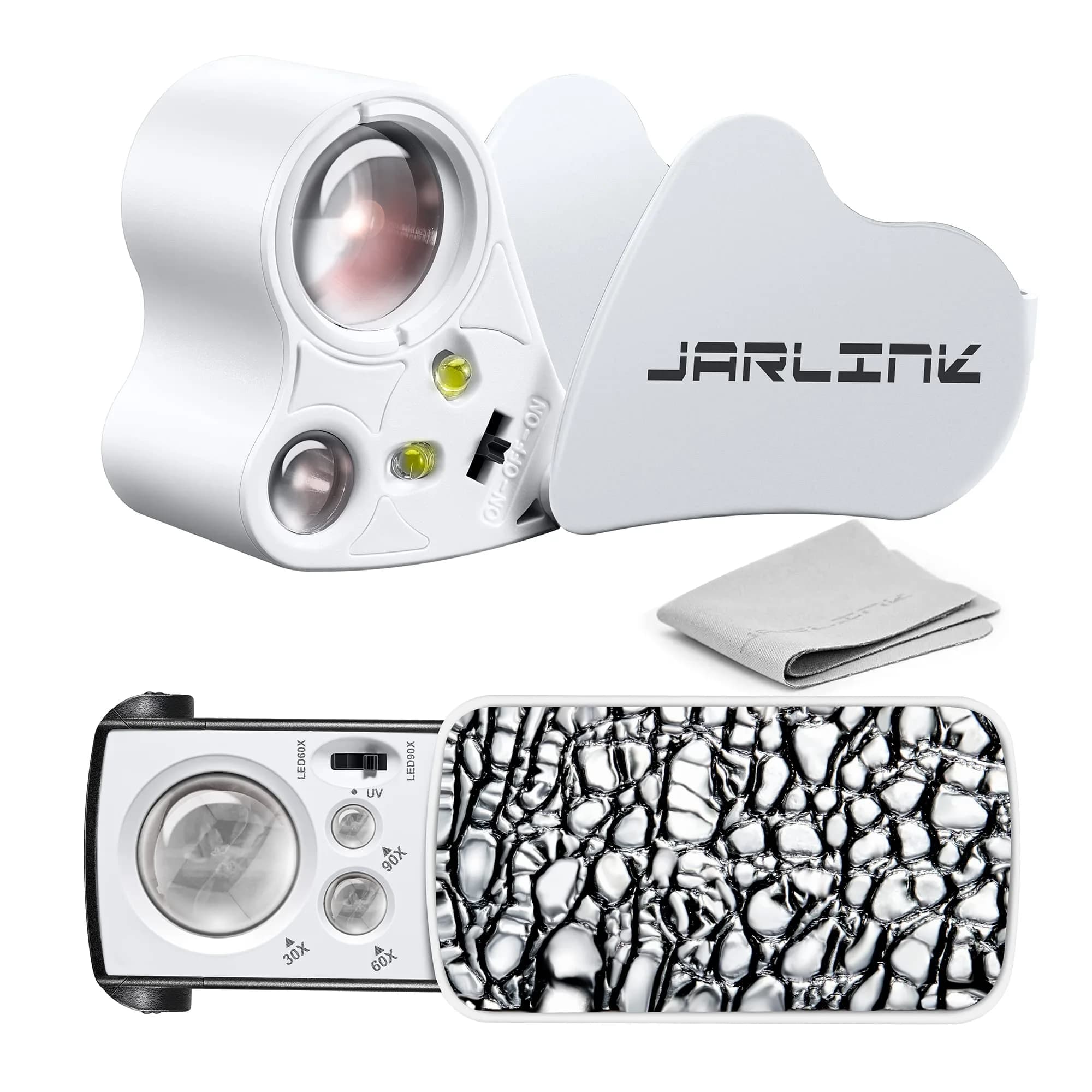JARLINK 2 Pack Illuminated Jewelers Loupe Set | 30X 60X 90X Magnifications with LED & UV Light - main product image