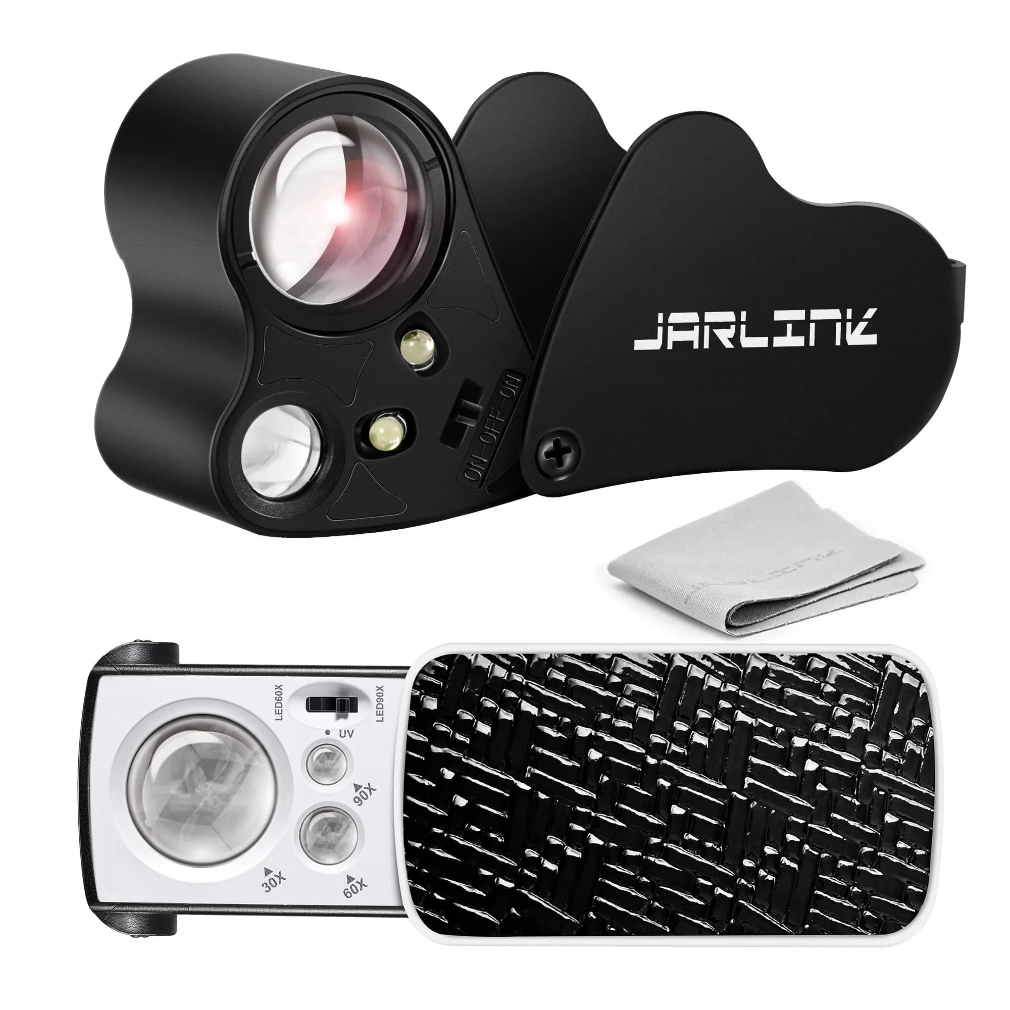 JARLINK Illuminated Jewelers Loupe Set 30X 60X 90X Magnifications | 2-Pack with LED & UV Light