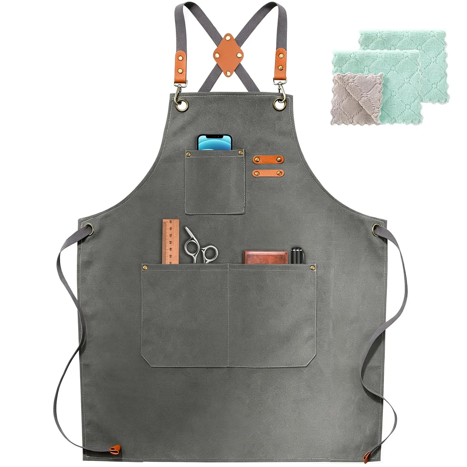 ZOMAO Apron for Men Women | Cross-Back Cotton Canvas with Pockets (Grey)