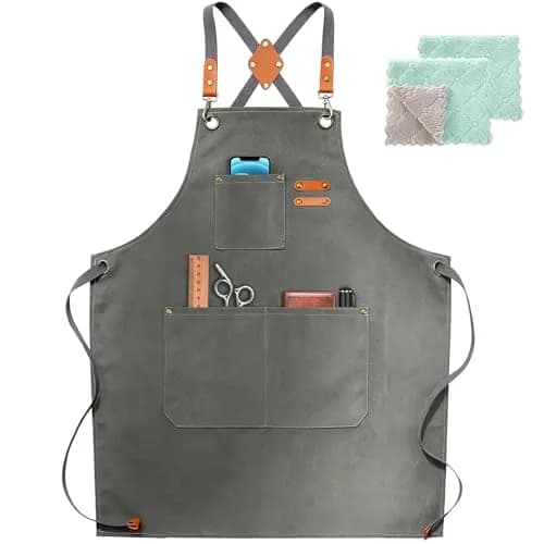 ZOMAO Apron for Men Women | Cross-Back Cotton Canvas with Pockets (Grey) thumbnail 1