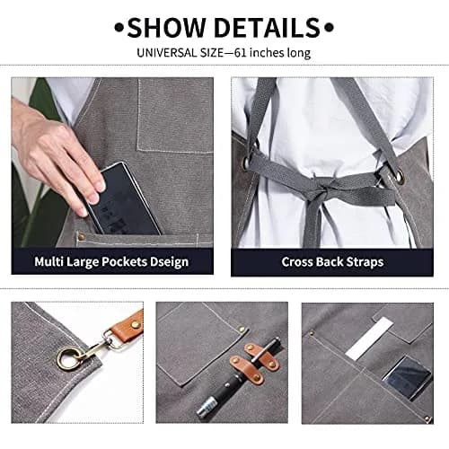 ZOMAO Apron for Men Women | Cross-Back Cotton Canvas with Pockets (Grey) thumbnail 5