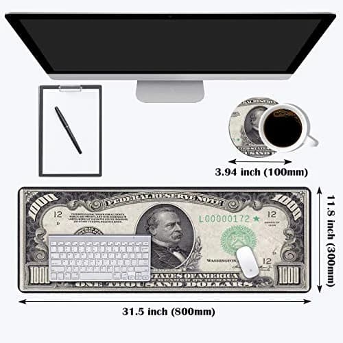 OIXXAF 1000 Dollar Bill XXL Large Mouse Pad Mat with Coasters Set 80cm x 30cm (31.5"x 11.8") | Smooth Surface for Precise Positioning thumbnail 2