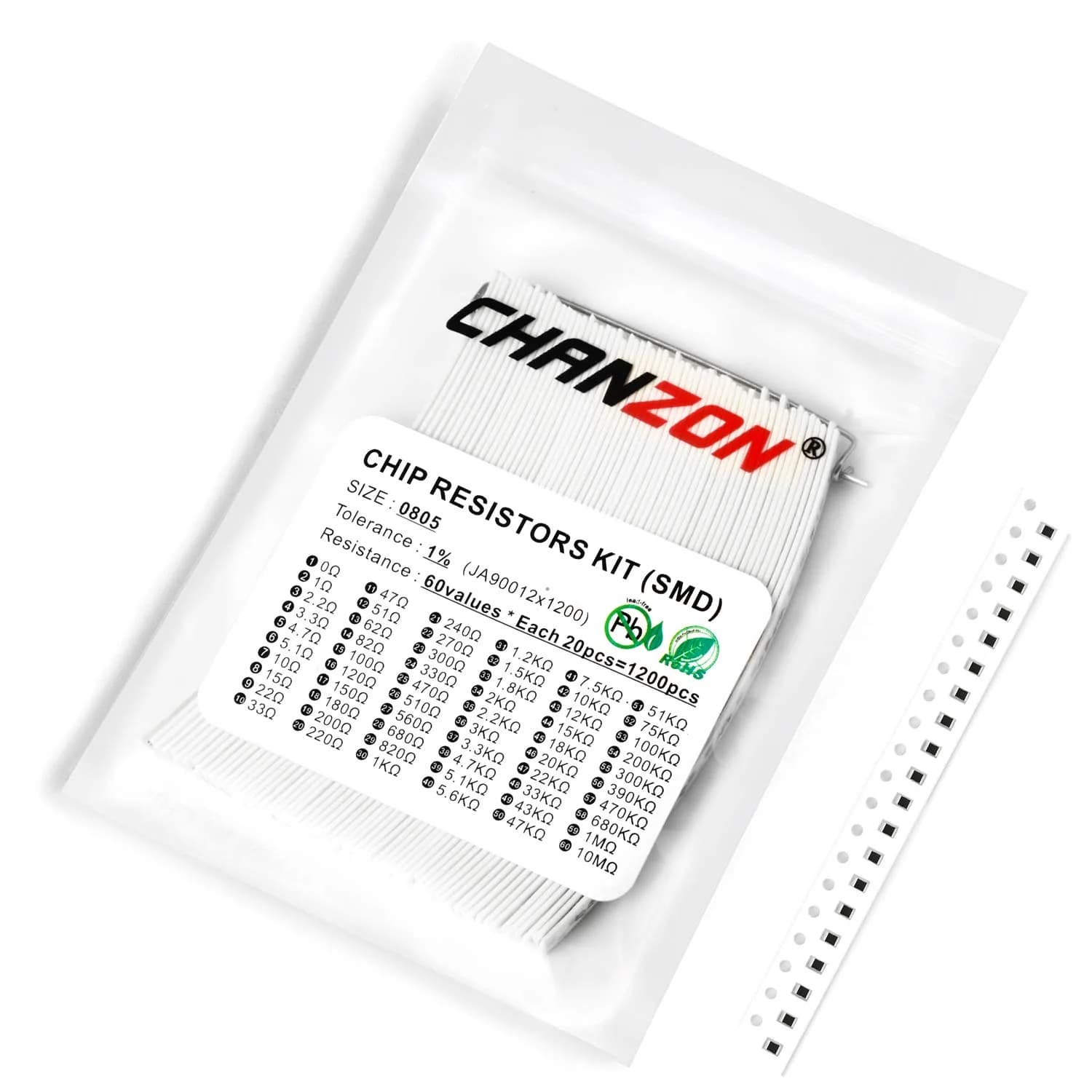 CHANZON 1200pcs 0805 SMD Resistor Kit 60 Values 0-10M ohm 1/8W | Precision Metal Film Resistors - main product image
