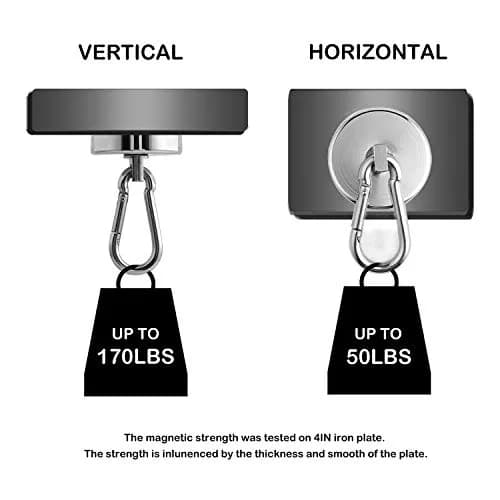WELLZEER Heavy Duty Magnetic Hooks with Carabiner, 170 lbs Vertical Capacity | Stainless Steel, Pack of 8 thumbnail 4