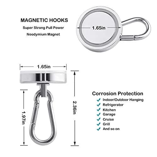 WELLZEER Heavy Duty Magnetic Hooks with Carabiner, 170 lbs Vertical Capacity | Stainless Steel, Pack of 8 thumbnail 5